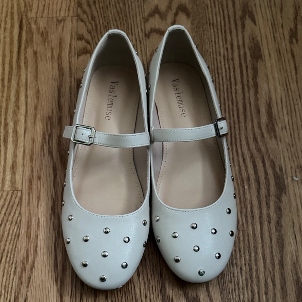 Beige Studded Mary Jane Flats